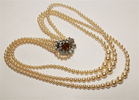 Triple Strand Faux Pearls Diamante Clasp Necklace C S Etsy
