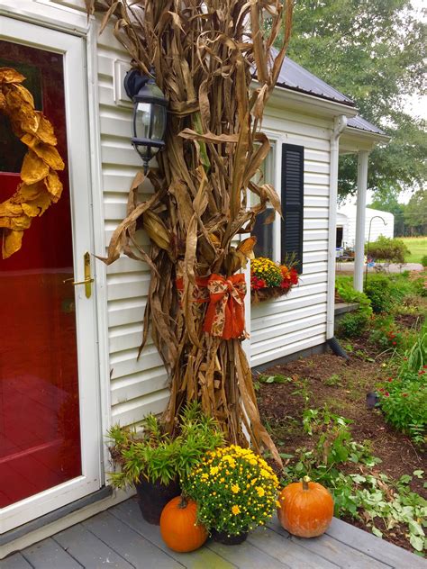 Fall Front Porch With Pumpkins Corn Stalks And Mums Halloween