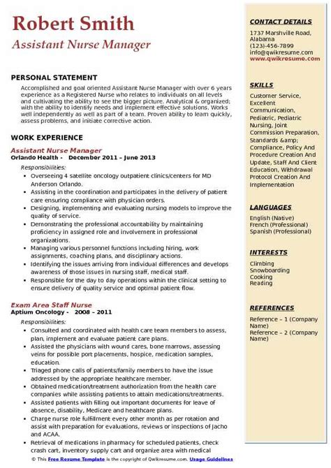 The summary of your nurse resume should highlight your strongest professional qualifications. Assistant Nurse Manager Resume Samples | QwikResume