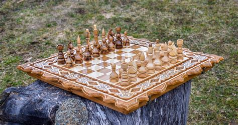 Hand Carved Chess Set Chess Checkers And Backgammon Inlaid Wood A