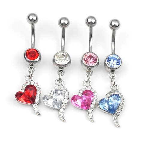 Navel Barbell Rhinestones Heart Dangle Belly Button Ring Fashion Body Piercing Jewelry Blue