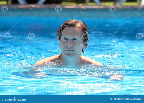 Handsome Middle Aged Man Swimming In Outdoor Pool Stock Image Image