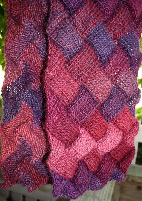 Hand Knit Ladies Entrelac Basket Weave Scarf Mauve And Purple
