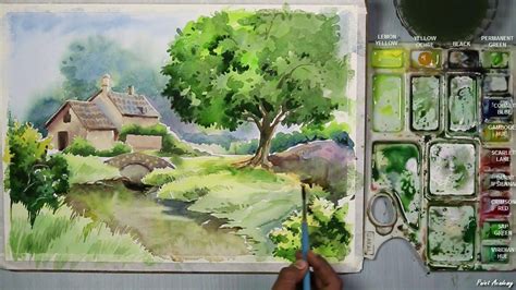Draw in the shapes found in the landscape. Watercolor Painting | A House Landscape step by step - YouTube