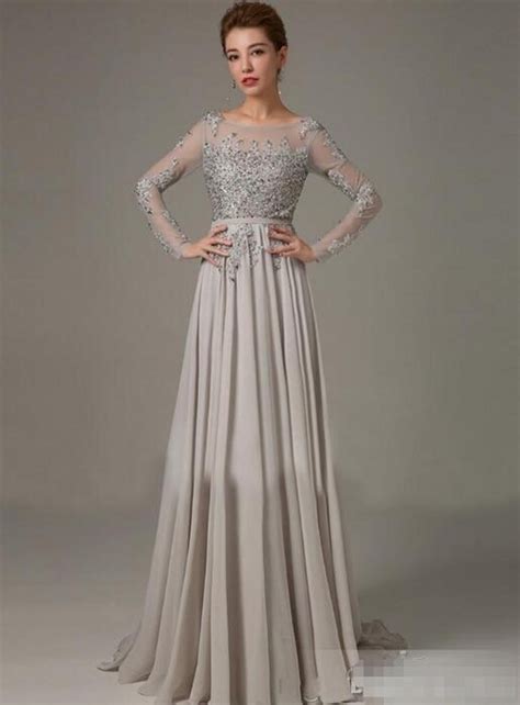 Sparky Grey Chiffon Long Sleeves Prom Dresses Beading Embroidery Mother