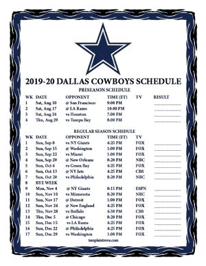 The cowboys compete in the national f. Printable 2019-2020 Dallas Cowboys Schedule
