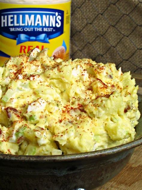 Gumbo potato salad generally has no eggs or pickles in it and is mostly mashed. Potato Salad Recipe from A Gouda Life