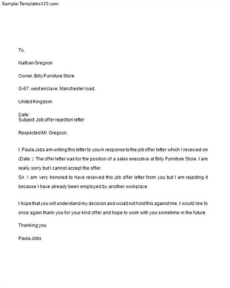 A counter offer letter is written by a job candidate in response to an offer letter from a company he or she has applied for. Job Offer Rejection Letter - Sample Templates - Sample ...