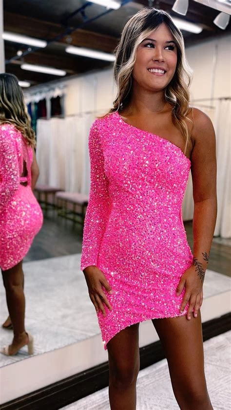 F1 1027 Chic One Shoulder Beads Long Sleeves Sequins Homecoming Dres Pink Dress Short