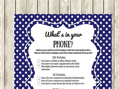 We like these options if you're looking for an activity that's totally online and can get everyone. Navy Modern What's in your Cellphone Baby Shower Games