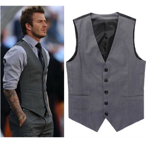 Grey Slim Fit Dress Vests For Men David Beckham Formal Mens Suit Vests