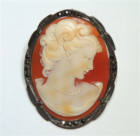 Vintage Carved Shell Lady Cameo Sterling Silver And Marcasite Brooch
