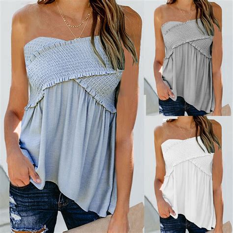 Womens Ladies Casual Summer Strapless Bandeau Boob Tube Tops Blouse Sexy Sleeveless Solid Camis