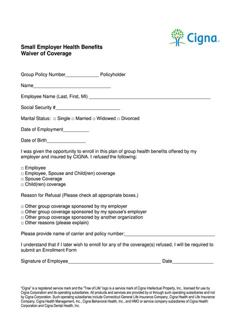Cigna Small Employer Health Benefits Waiver Of Coverage Fill And Sign