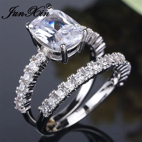 junxin unique oval cubic zirconia ring set white gold color stackable wedding rings for women