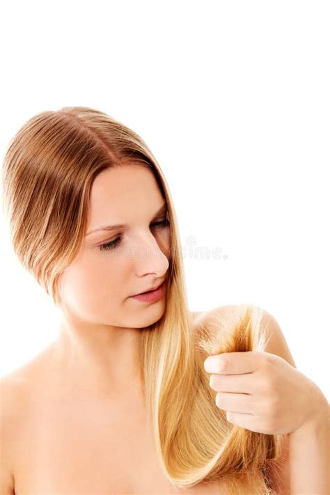 Shocked Woman Showing Her Damaged Split Ends Of Hair Stock Image