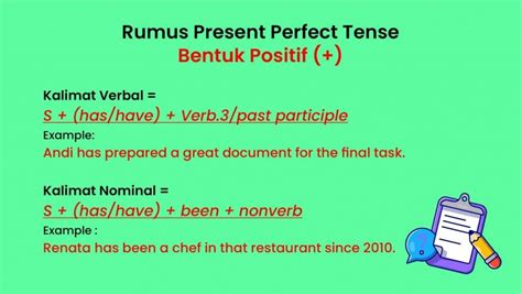 Jul 07, 2021 · ada 2 jenis kalimat dalam bahasa inggris yaitu kalimat nominal (predikat tidak menggunakan verb) kalimat verbal (predikat menggunakan verb). √ 15+ Contoh Present Perfect Tense | Pengertian, Rumus ...