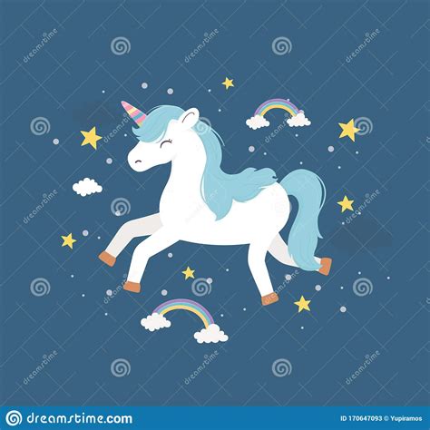 Unicorn Running Rainbows Stars Fantasy Magic Dream Cute Cartoon Stock