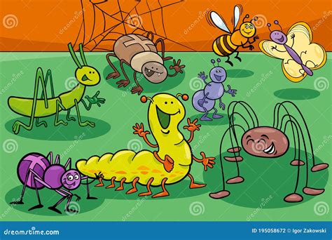 Cute Insects And Bugs Cartoon Characters Group Stock Vector