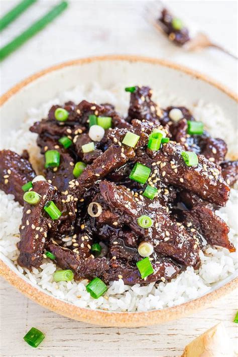 Tender beef coated in a sweet and savory sauce with just a hint of spice. P.F. Chang's Mongolian Beef (Copycat Recipe) (Averie Cooks ...