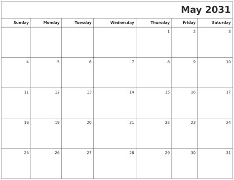 May 2031 Printable Blank Calendar