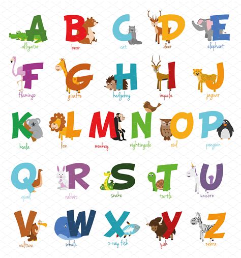 English Animal Alphabet Vector Animal Illustrations Creative Market