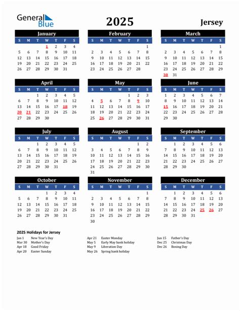 2025 Jersey Calendar With Holidays