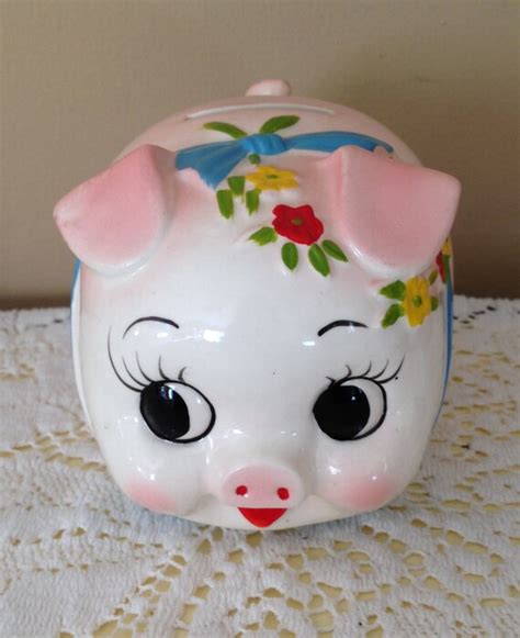 Vintage Kitsch Piggy Bank Made In Japan Pink Pig With Flowers
