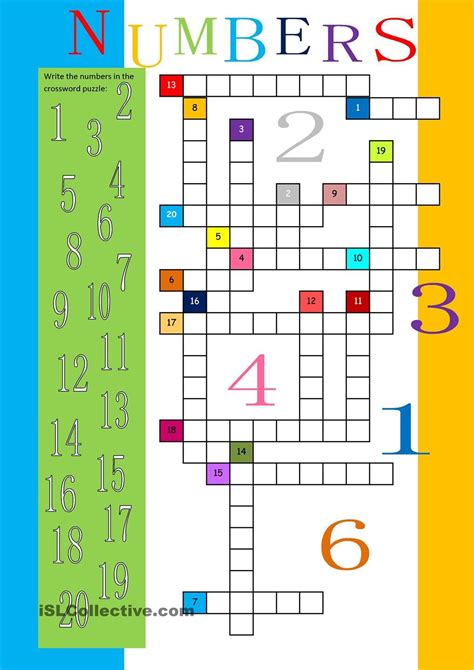 Numbers 1 20 Crossword Crossword Numbers For Kids Esl Worksheets