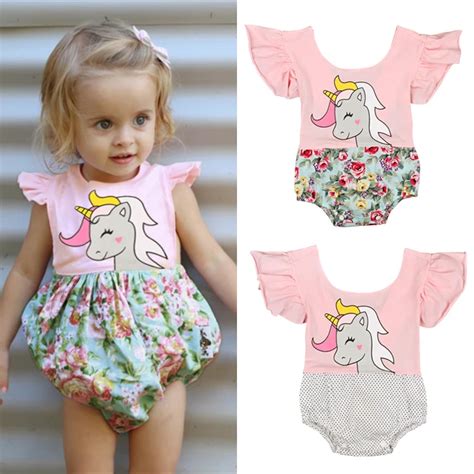 Newborn Baby Girls Floral Unicorn Romper Jumpsuit Outfits Baby Toddler