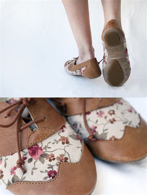 Image Of Brown Tea Party Handmade Leather And Fabric Flat Shoes