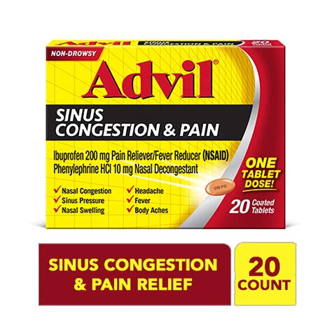 Advil Sinus Congestion And Pain Relief Pain And Fever Reducer 20 Ct
