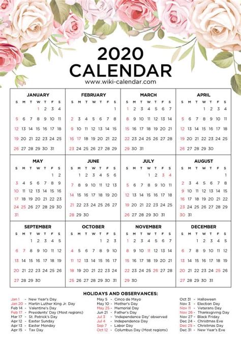 Printable 2020 Floral Calendar
