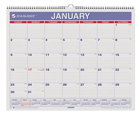At A Glance White Wirebound Monthly Wall Calendar Format One Month Per