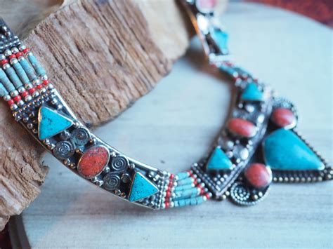 vintage nepalese jewellery xl statement necklace coral turquoise nepali buddhist tibet