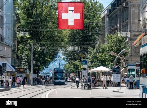 Paradeplatz Zurich Bahnhofstrasse Swiss Flag Trams Switzerland