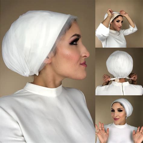 a woman wearing a white turban over her head with four different angles to the side