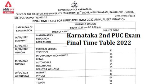 Karnataka 2nd Puc Exam Time Table 2022