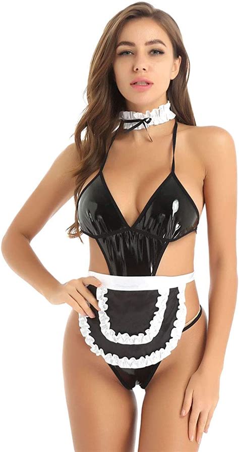 Tiaobug Womens Shiny Patent Leather French Maid Costume Sexy Halter