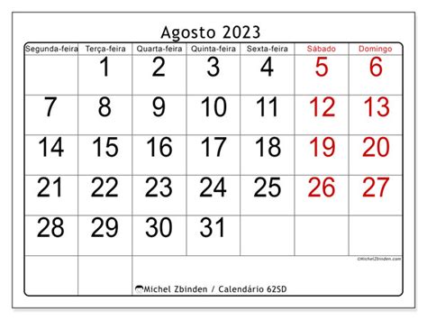 Calendário de agosto de 2023 para imprimir 62SD Michel Zbinden BR