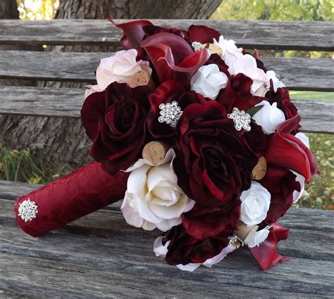 Wine And Cream Bridal Bouquet With Added Rhinestone And Cork