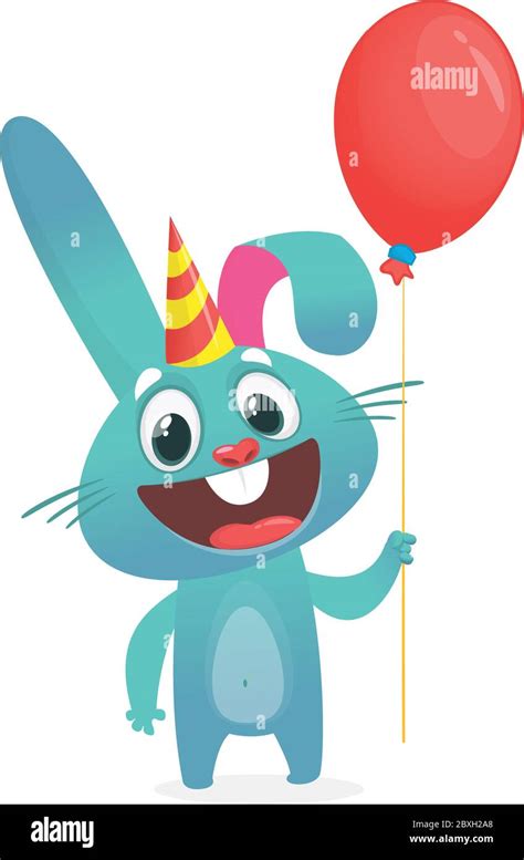 Vector Illustration Of A Cute Funny Bunny Holds Air Balloon Birthday