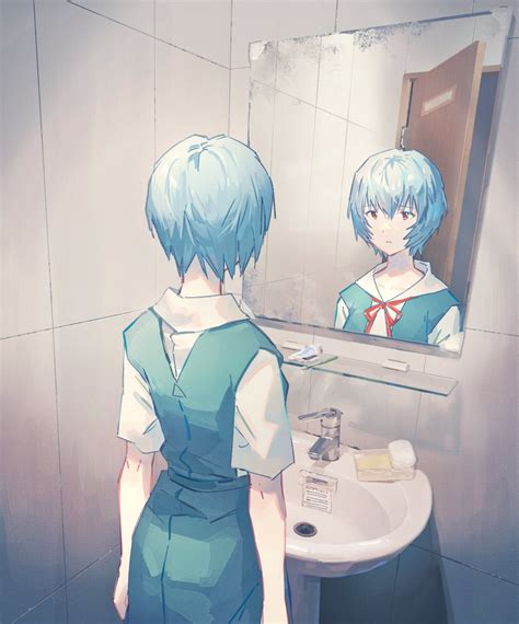 The Big Imageboard Tbib 1girl Aqua Skirt Ayanami Rei Bathroom Blouse Blue Hair Closed Mouth