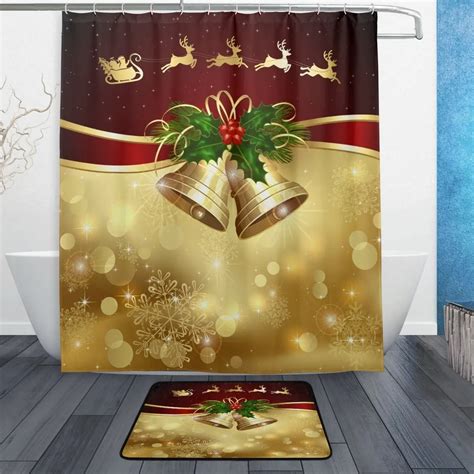 Golden Merry Christmas Bell Waterproof Polyester Fabric Shower Curtain