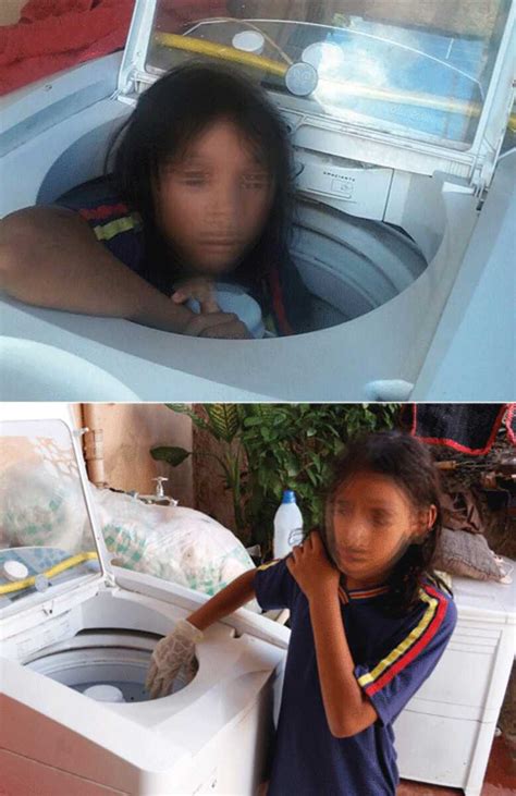 menina escorrega de muro cai e fica presa dentro de máquina de lavar