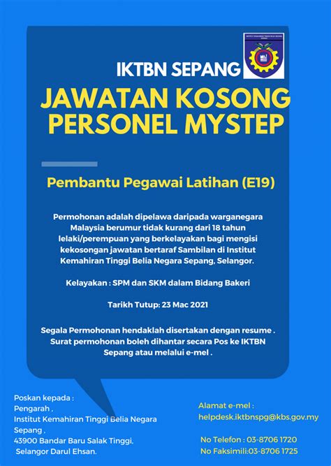 Portal jawatan kosong kerajaan membuka peluang pekerjaan di majlis perbandaran sepang yang kini dibuka untuk yang dipertua, majlis perbandaran sepang, persiaran semarak api, cyber 1 63200. Iklan Jawatan Institut Kemahiran Tinggi Belia Negara ...