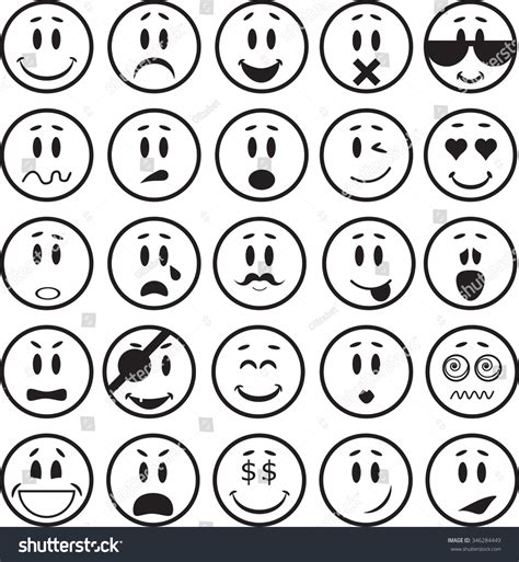Set Of 25 Black And White Emoticons Isolated On White Background