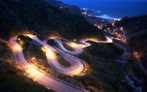 Light Trails Mountain Road Coast Hairpin Turns Landscape