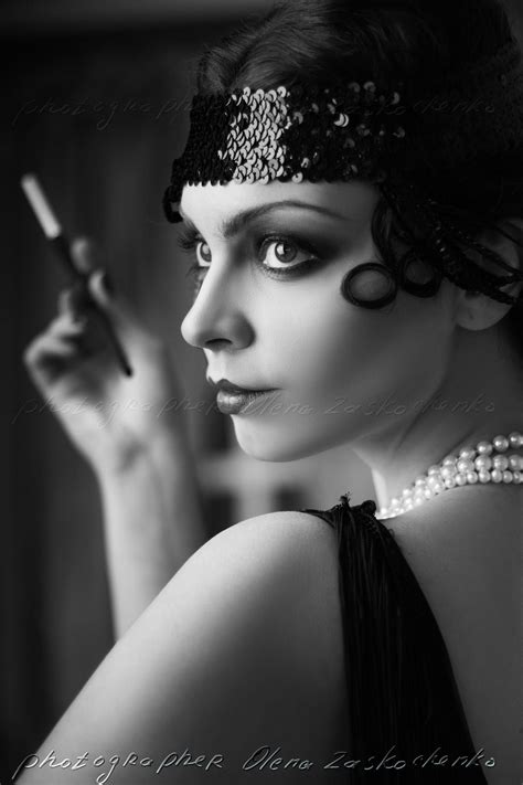Beautiful Young Woman Close Up Portrait In Retro Flapper Style Headband Bw Vogue Style Vintage