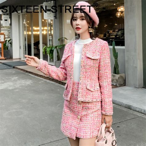 New Pink Tweed 2 Piece Set Woman Jacket And Skirt Autumn Winter Long